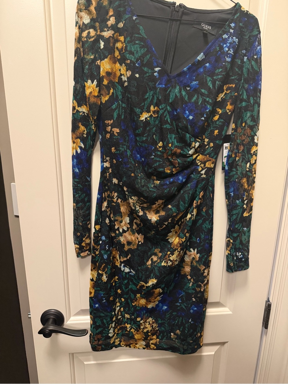 GUESS Dark Green Floral Long-Sleeve V-Neck Wrap Dress